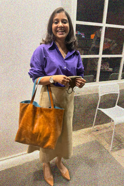 All Things Tote - Camel /  Aqua leather