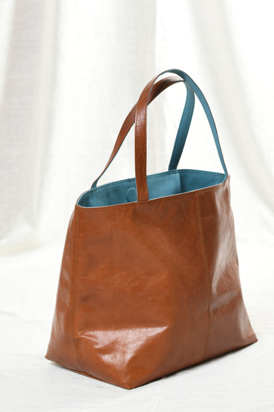 All Things Tote - Camel /  Aqua leather