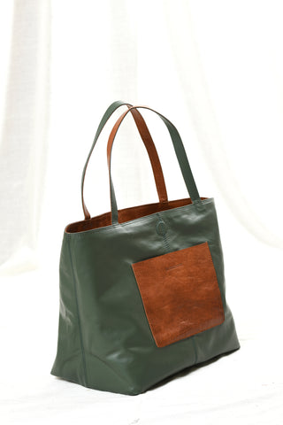All Things Tote - Camel / Petrol Green leather