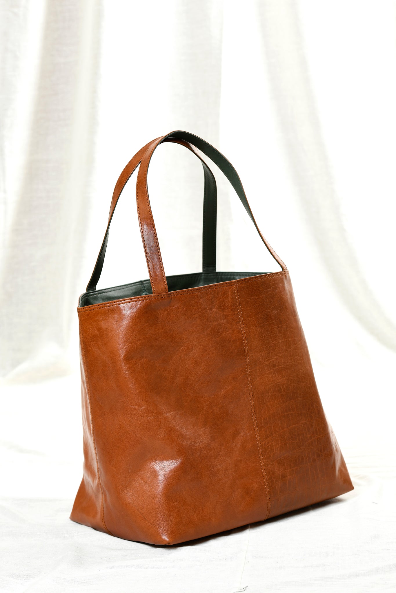 All Things Tote - Camel / Petrol Green leather – Paromita Banerjee