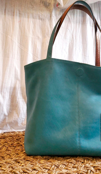 All Things Tote - Camel /  Aqua leather